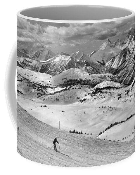 Sunshine Village Coffee Mug featuring the photograph Skiing Through The Canadian Rockies Black And White by Adam Jewell