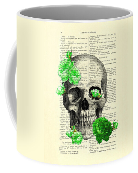Skull Coffee Mug featuring the digital art Skull and green roses illustration by Madame Memento