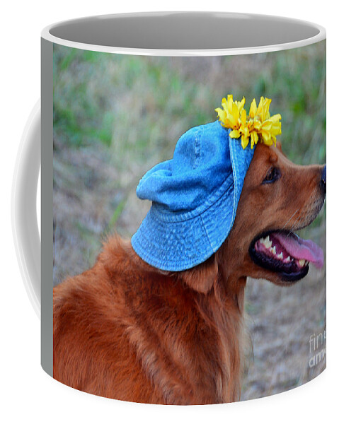 Golden Retriever Coffee Mug featuring the photograph Smiling Golden Retriever in Hat by Catherine Sherman