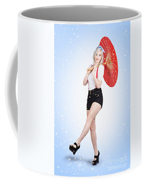 Rain Coffee Mug featuring the photograph Smiling young woman model standing in summer rain by Jorgo Photography
