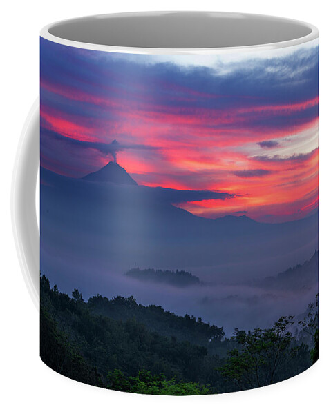 Landscape Coffee Mug featuring the photograph Smoking volcano and Borobudur temple by Pradeep Raja Prints