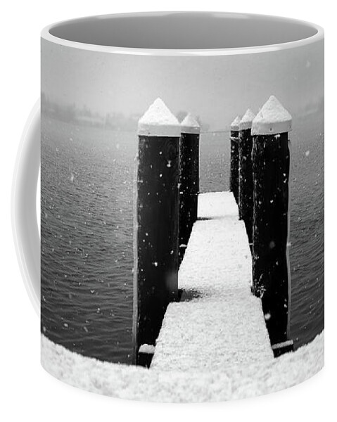Snow Day Coffee Mug featuring the photograph Snow Covered Dock No 1 by Stamp City