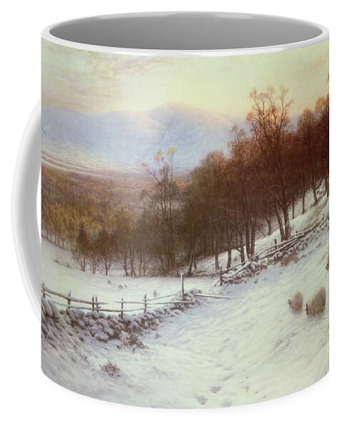 Snow Coffee Mug featuring the painting Snow Covered Fields with Sheep by Joseph Farquharson