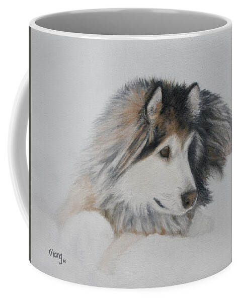 Dog Coffee Mug featuring the painting Snow Dog by Marg Wolf