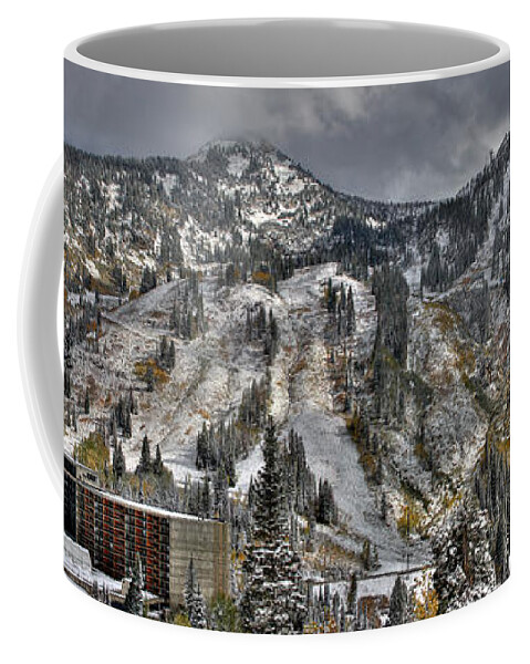 Panoramic Coffee Mug featuring the photograph Snowbird Early Snow in Fall Panoramic by Brett Pelletier