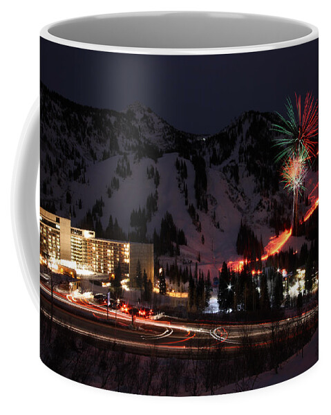 Landscape Coffee Mug featuring the photograph Snowbird Torchlight Parade and Firework by Brett Pelletier