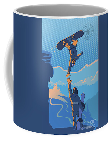 Snowboarding Coffee Mug featuring the painting Snowboard High Five by Sassan Filsoof