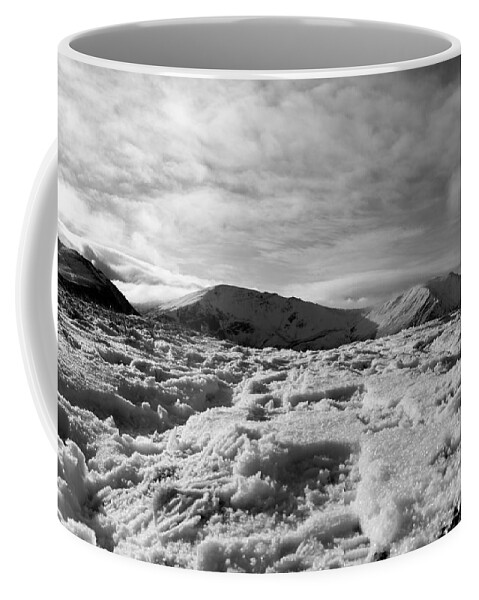 Nature Coffee Mug featuring the photograph Snowed summit of the Mountains Black and White by Lukasz Ryszka
