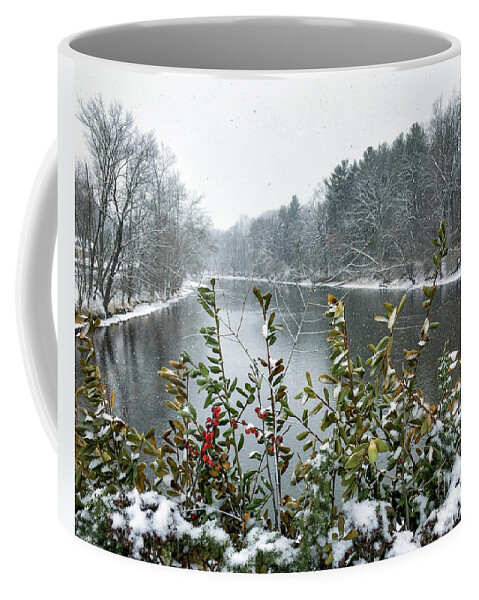 Drake Hill Flower Bridge Coffee Mug featuring the photograph Snowfall on Drake Hill Bridge by Lorraine Cosgrove