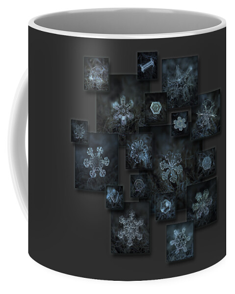Snowflake Coffee Mug featuring the photograph Snowflake collage - Dark crystals 2012-2014 by Alexey Kljatov