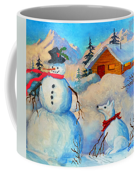 Snowman And Fido Coffee Mug featuring the painting Snowman and Fido by Teresa Ascone