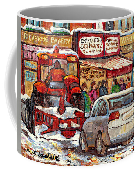 Montreal Coffee Mug featuring the painting Snowplow Winter Scene Painting For Sale 80 Bus To Schwartz Deli C Spandau Richstone Warshaw Art   by Carole Spandau