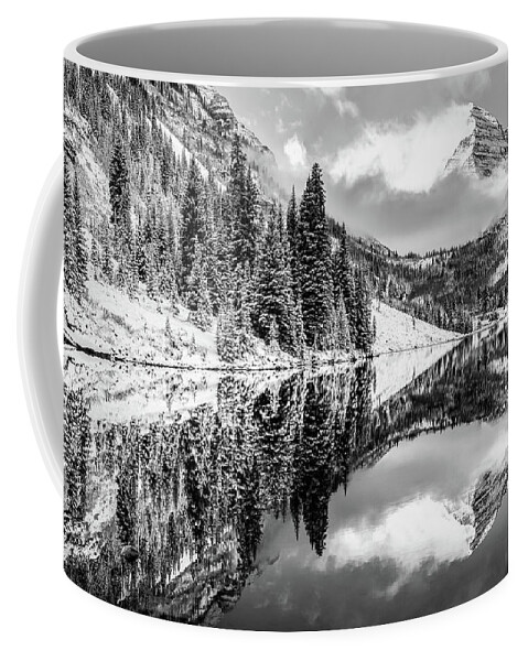 Maroon Bells Wall Art Coffee Mug featuring the photograph Snowy Aspen Colorado Maroon Bells in Black and White by Gregory Ballos