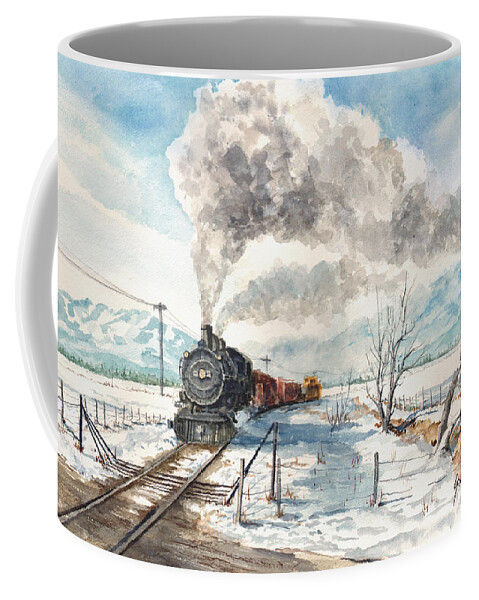 Train Coffee Mug featuring the painting Snowy Crossing by Sam Sidders