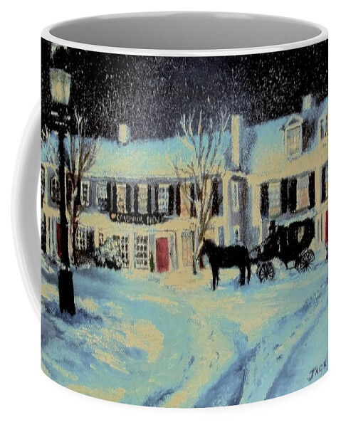 Snowy Night Coffee Mug featuring the painting Snowy Night At The Inn by Jack Skinner