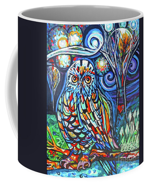 Owl Coffee Mug featuring the painting Snowy Owl Abstract With Moon by Genevieve Esson