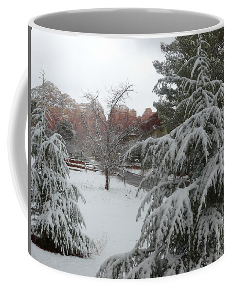 Sedona Coffee Mug featuring the photograph Snowy Sedona Red Rocks by Mars Besso