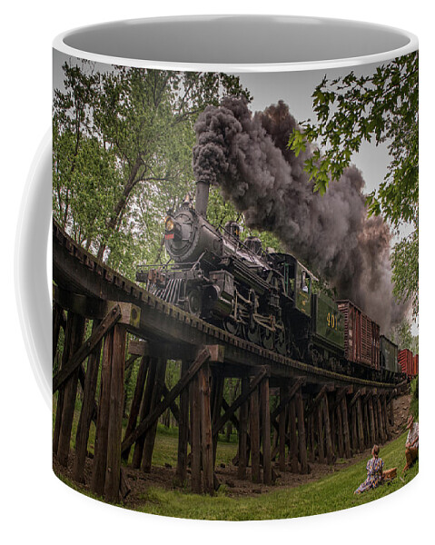 #railroad #railroads Train #trains Coffee Mug featuring the photograph Southern Steam engine 401 heads across the Camp Creek Trestle by Jim Pearson