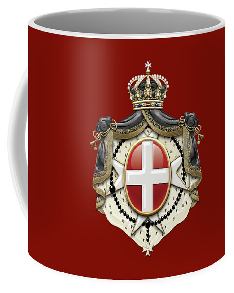 'ancient Brotherhoods' Collection By Serge Averbukh Coffee Mug featuring the digital art Sovereign Military Order of Malta Coat of Arms over Red Velvet by Serge Averbukh
