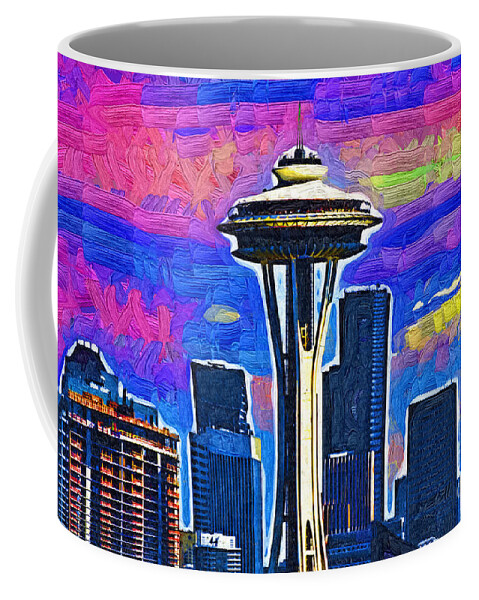 Space Needle Coffee Mug featuring the digital art Space Needle Colorful Sky by Kirt Tisdale