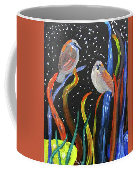 Sparrows Coffee Mug featuring the painting Sparrows inspired by Chihuly by Linda Feinberg