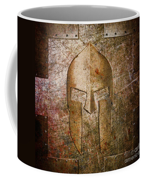 Molon Labe Coffee Mug featuring the digital art Spartan Helmet on Metal Sheet with Copper Hue by Fred Ber