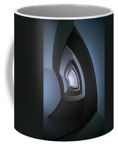 Architecture Coffee Mug featuring the photograph Spiral modern staircase in blue tones by Jaroslaw Blaminsky