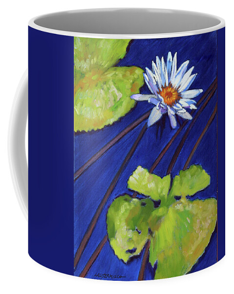Water Lily Coffee Mug featuring the painting Splash of White on Lily Pond by John Lautermilch