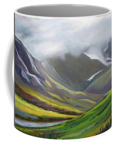 Alaska Coffee Mug featuring the painting Mountain Valley in Alaska Oil Painting, Splendor by Shirley Galbrecht