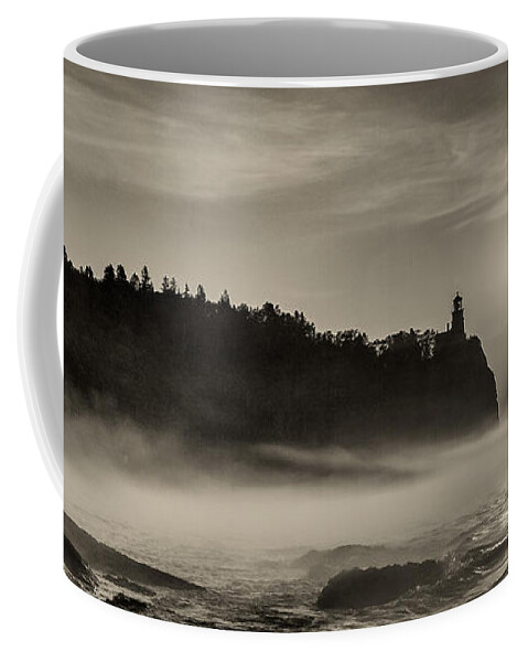 Astronomical Coffee Mug featuring the photograph Split Rock Lighthouse Emerging Fog by Rikk Flohr