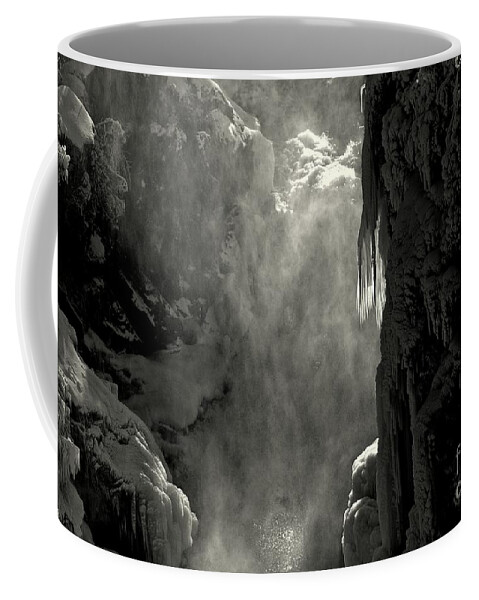 Waterfall Spray Rocks Ice Snow Mist Fog Coffee Mug featuring the photograph Spray by Elfriede Fulda