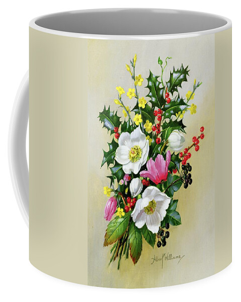 Spray Of Dogrose Coffee Mug featuring the painting Spray of Dogrose Holly Mistletoe and Larkspur by Albert Williams
