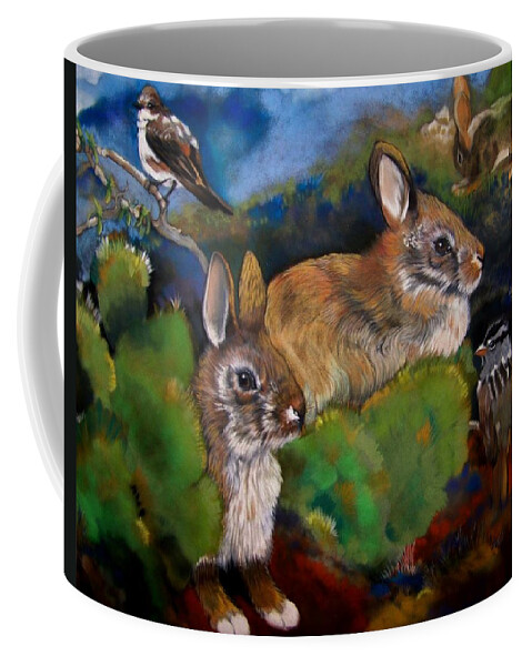 Rabbits Birds Coffee Mug featuring the pastel Spring Break by Marika Evanson