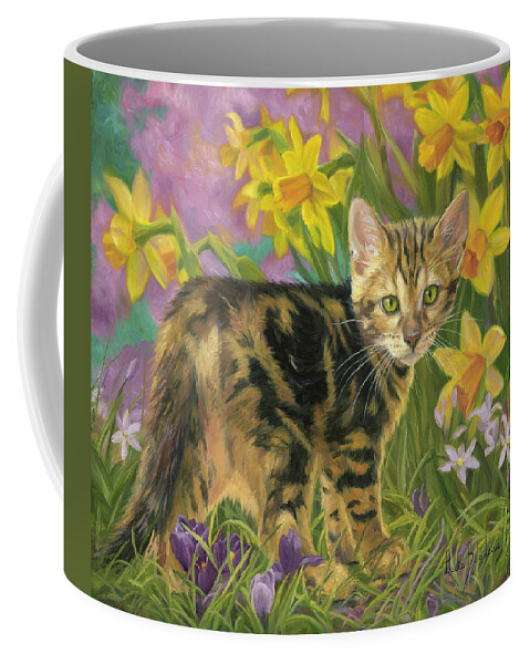 Cat Coffee Mug featuring the painting Spring Kitten by Lucie Bilodeau