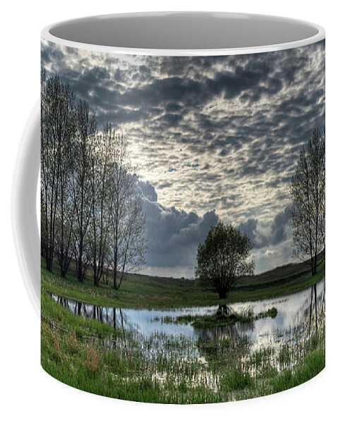 Pond Spring Green North Dakota Nd Landscape Scenic Rural Sky Panorama Pano Water Tree Frogs Coffee Mug featuring the photograph Spring Pond by Peter Herman