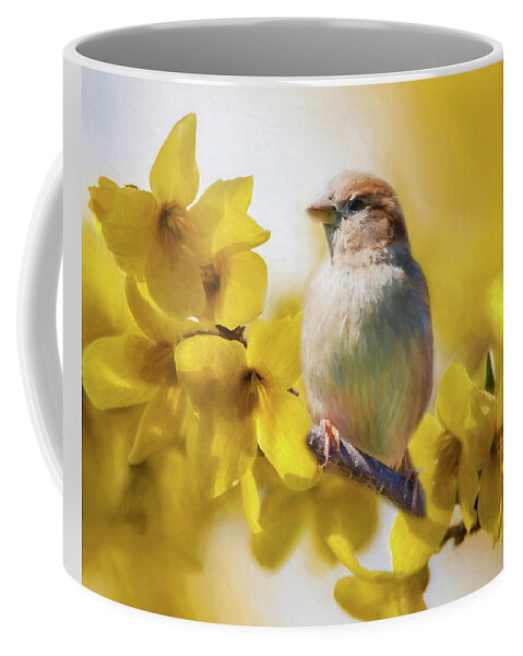 Forsythia Coffee Mug featuring the photograph Spring Sparrow by Cathy Kovarik