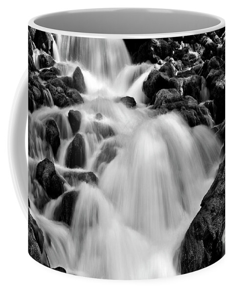 Stream Coffee Mug featuring the photograph Spring waterfall over mossy rocks in black and white by Bruce Block