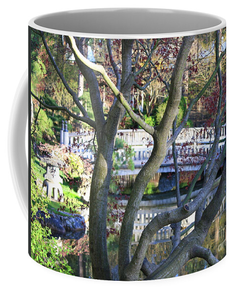 Japanese Garden Coffee Mug featuring the photograph Springtime Bridge through Japanese Maple Tree by Carol Groenen