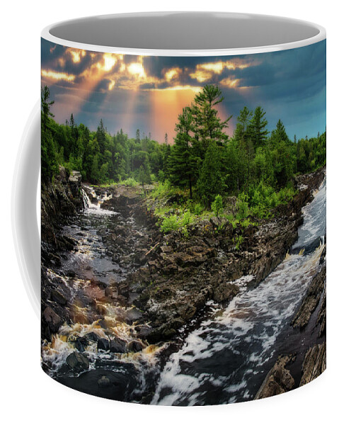 River Jay Cooke State Park Mn Minnesota River Sun Rays Glory Landscape Scenic Horizontal Water Rapids Rocks Evergreens Sky Clouds Crepuscular Thomson Formation Uplift Rock Sedimentary Geology Volcanic Coffee Mug featuring the photograph St. Louis river at Jay Cooke State Park MN by Peter Herman