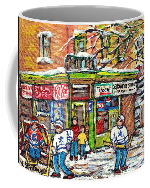 Montreal Coffee Mug featuring the painting St Henri Montreal Winterscene Paintings For Sale Kids Hockey Game Canadian Art C Spandau Depanneurs by Carole Spandau