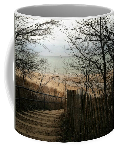 Michigan Coffee Mug featuring the photograph Stairs to the Beach in Winter by Michelle Calkins