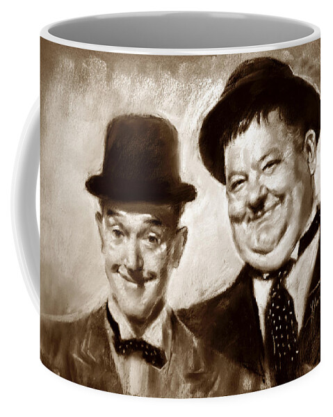 Stan Laurel Coffee Mug featuring the drawing Stan Laurel Oliver Hardy by Ylli Haruni
