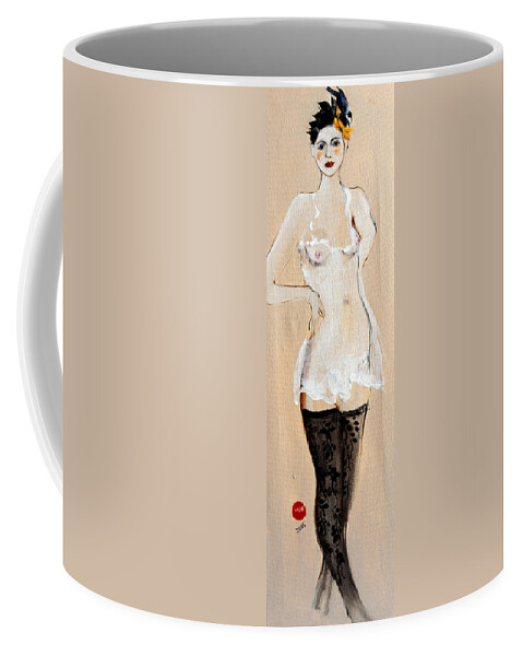 Lingerie Coffee Mug featuring the painting Standing Nude in Black Stockings with Flower and Bird in Hair by Susan Adams