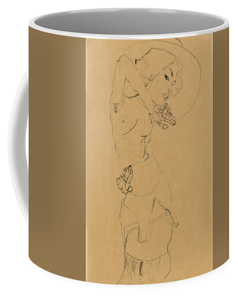 Egon Schiele Coffee Mug featuring the drawing Standing Nude with Large Hat. Gertrude Schiele by Egon Schiele