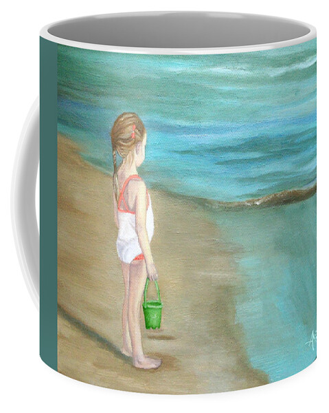 Girl At The Beach Coffee Mug featuring the painting Staring At The Sea by Angeles M Pomata
