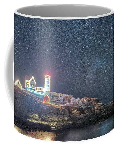 Nubble Coffee Mug featuring the photograph Starry Sky of the Nubble Light in York ME Cape Neddick by Toby McGuire