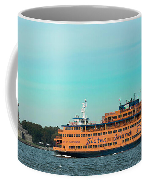 Staten Island Ferry Near Statue Of Liberty Coffee Mug featuring the photograph Staten Island Ferry by Kenneth Cole