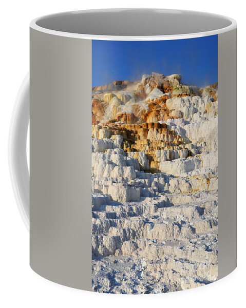 Yellowstone Coffee Mug featuring the photograph Steam Topped Travertine Hot Spring Terraces Mammoth Hot Springs Yellowstone National Park by Shawn O'Brien