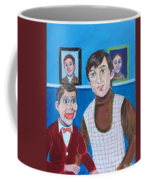 Ventriloquist Dummy Jerry Mahoney Paul Winchell 1950's 1970's Turtleneck Stevie Small Ventriloquism Creepy School Pictures Coffee Mug featuring the painting Stevie and Jerry by Jonathan Morrill