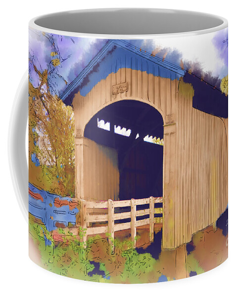 Covered-bridge Coffee Mug featuring the digital art Stewart Bridge In Watercolor by Kirt Tisdale
